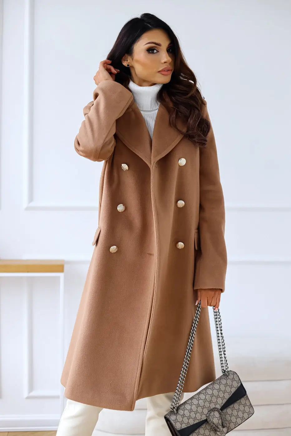 Dobbeltspent ullfrakk for kvinner - Brun - S amandafashionnyc